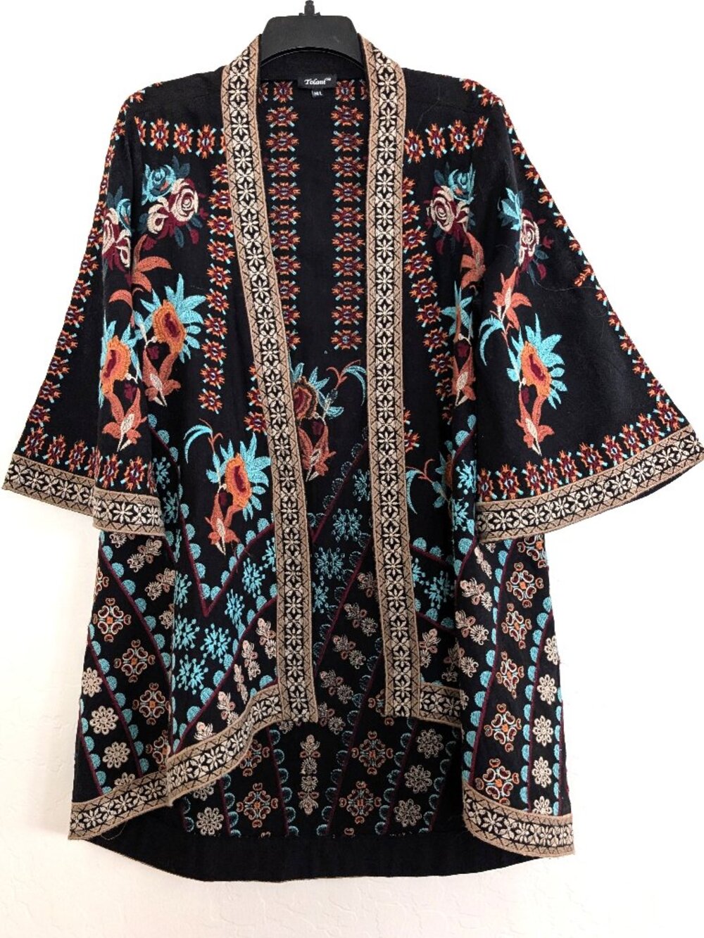 TOLANI Cardigan Women's M/L Embroidered Floral Black Open Kimono Style Boho
